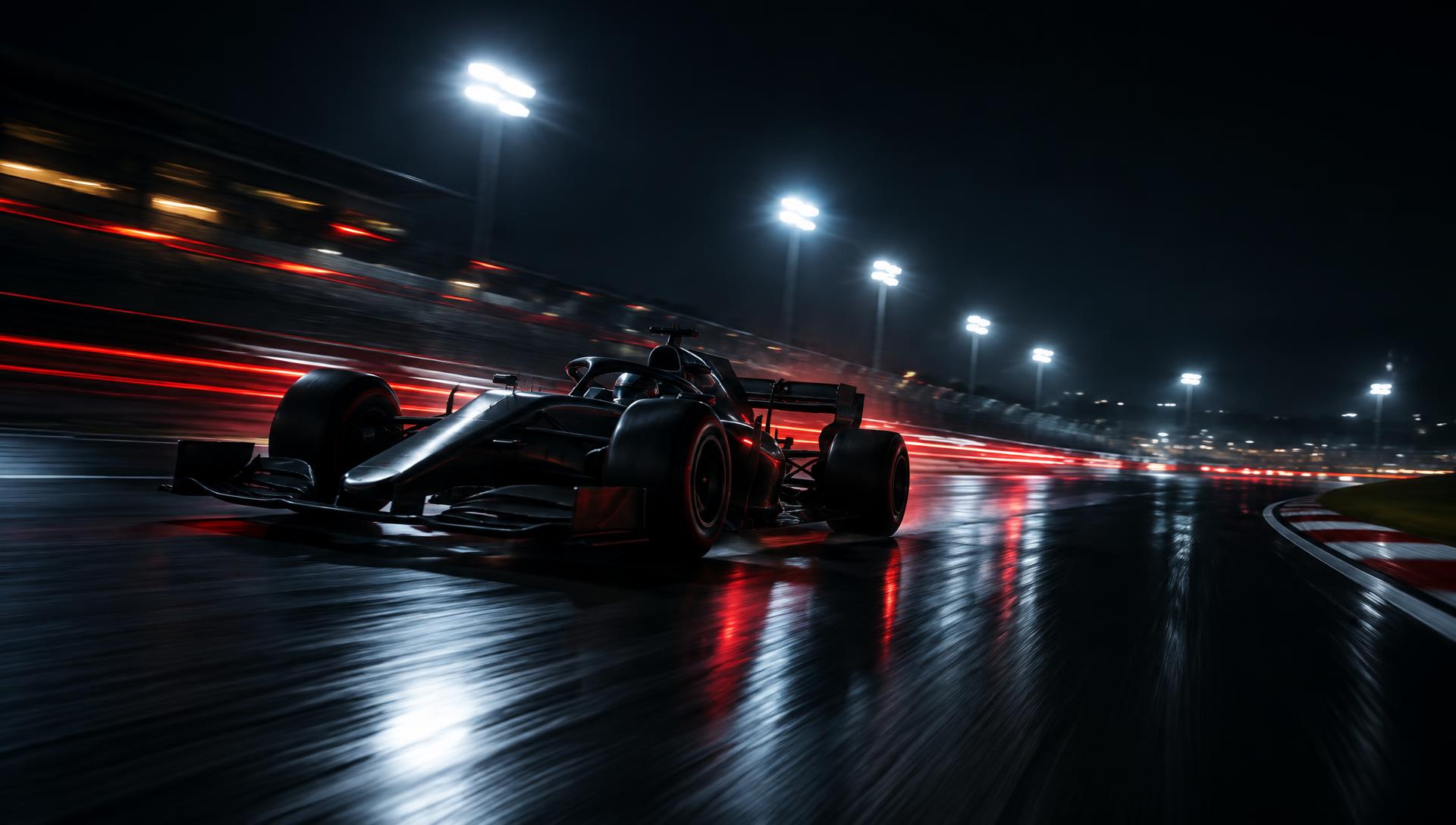 Single-seater race car at speed under floodlights